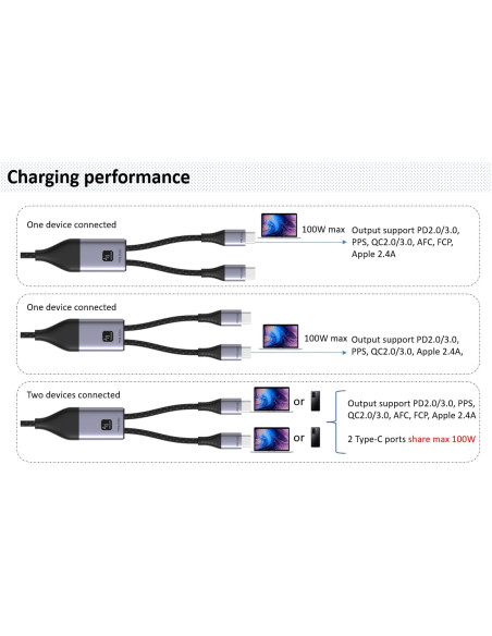 Cavo di Ricarica Sdoppiatore USB-C&trade Maschio a Due USB-C&trade Maschio 100W 1