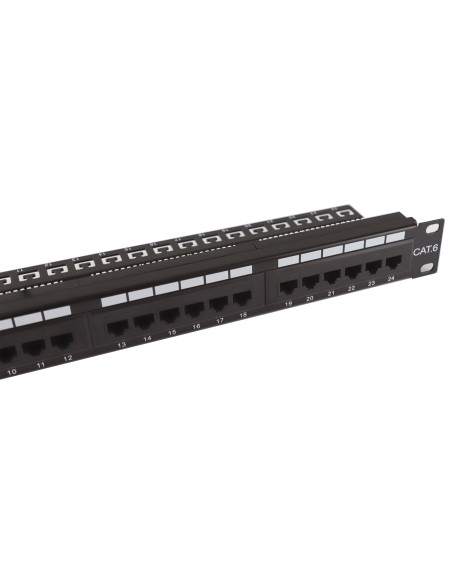 Pannello Patch UTP 24 Posti Cat.6 1U con barra gestione cavi removibile Nero