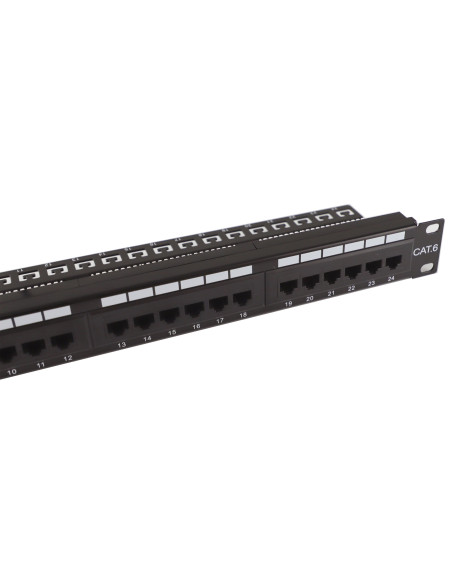 Pannello Patch UTP 24 Posti Cat.6 1U con barra gestione cavi removibile Nero