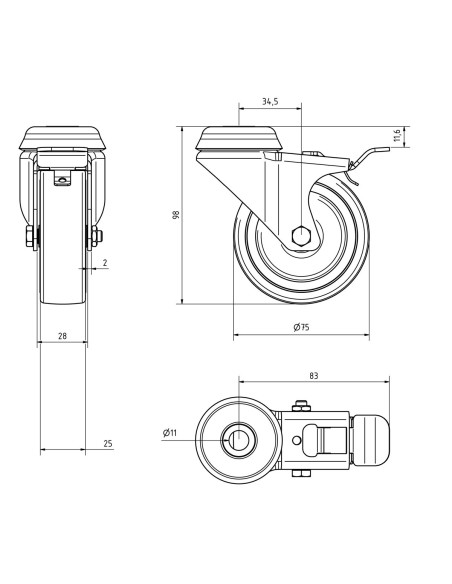 Kit 4 Ruote per Armadi Dotati di Foro per Perno M10