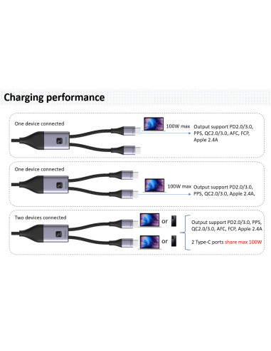 Cavo di Ricarica Sdoppiatore USB-C&trade Maschio a Due USB-C&trade Maschio 100W 1