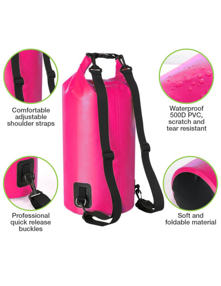 Sacca Impermeabile 20L Dry Bag con Tracolla Regolabile Fucsia