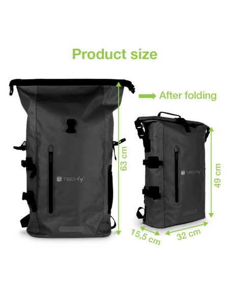 Zaino Impermeabile 25L Roll-Top con Tracolla Regolabile Nero