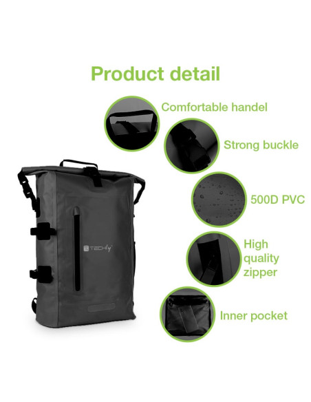 Zaino Impermeabile 25L Roll-Top con Tracolla Regolabile Nero