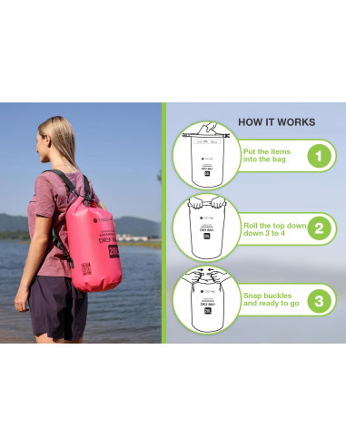 Sacca Impermeabile 20L Dry Bag con Tracolla Regolabile Fucsia