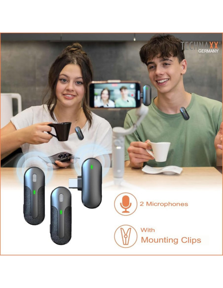 Set 2 Mini Microfoni Lavalier Wireless con Ricevitore USB-C&trade e Custodia di Ricarica