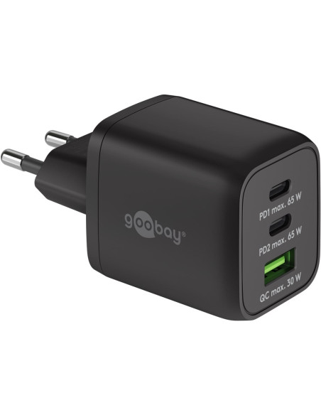 Nano Caricatore Alimentatore GaN 2xUSB-C&trade (PD) + USB-A (QC) da Muro 65W Nero