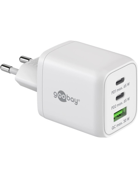 Nano Caricatore Alimentatore GaN 2xUSB-C&trade (PD) + USB-A (QC) da Muro 65W Bianco