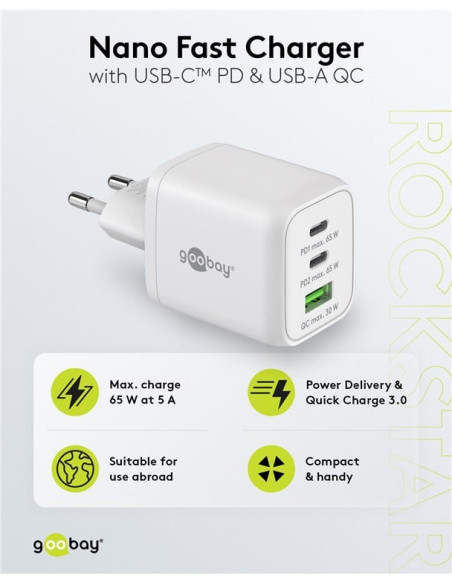 Nano Caricatore Alimentatore GaN 2xUSB-C&trade (PD) + USB-A (QC) da Muro 65W Bianco