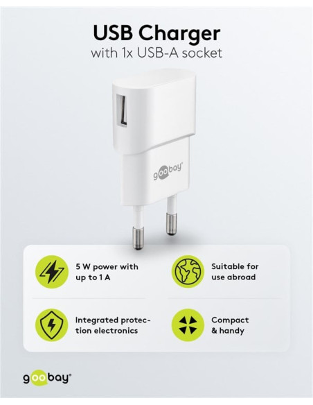 Caricatore USB 1A 5W Compatto Spina Europea Bianco