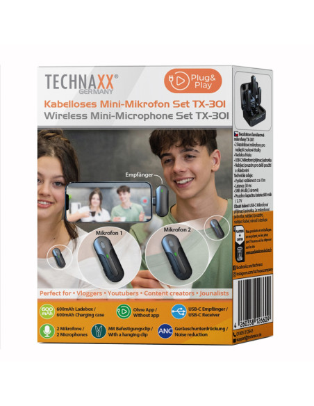 Set 2 Mini Microfoni Lavalier Wireless con Ricevitore USB-C&trade e Custodia di Ricarica