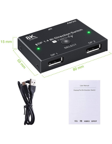 Switch Bidirezionale Convertitore Splitter DisplayPort 8K DP1.4 per Sorgenti Multiple e Display