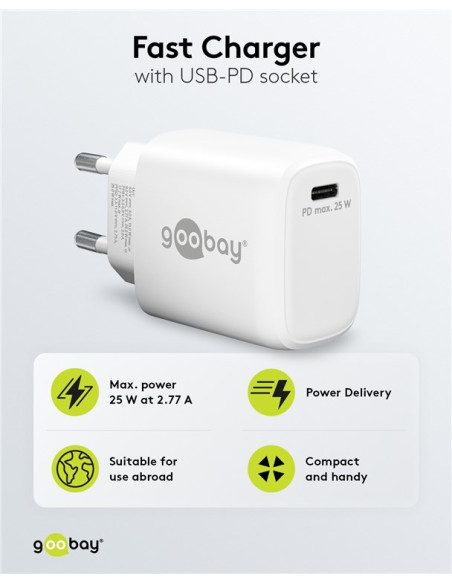 Caricatore Alimentatore GaN USB-C&trade PD da Muro 25W Bianco