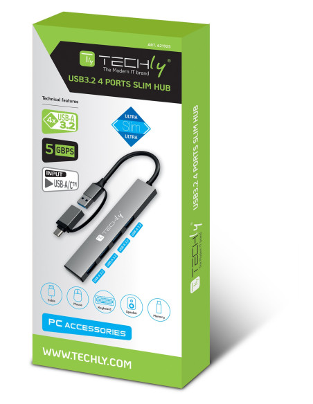Hub USB-A USB-C&trade 3.2 a 4 porte USB-A Slim in Metallo