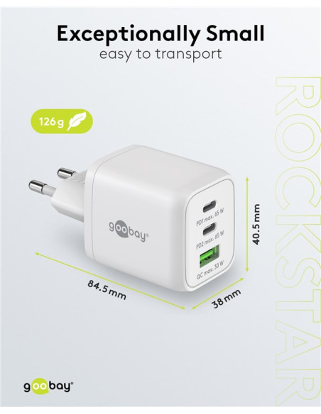 Nano Caricatore Alimentatore GaN 2xUSB-C&trade (PD) + USB-A (QC) da Muro 65W Bianco