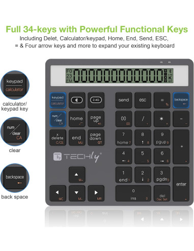 Tastierino Numerico BT V5.0 Wireless 2in1 con Calcolatrice Grigio Scuro