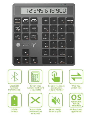 Tastierino Numerico BT V5.0 Wireless 2in1 con Calcolatrice Grigio Scuro