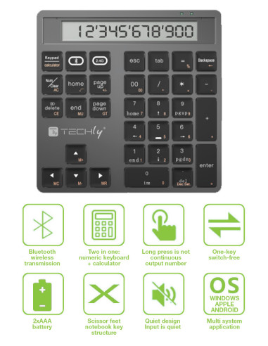 Tastierino Numerico BT V5.0 Wireless 2in1 con Calcolatrice Grigio Scuro