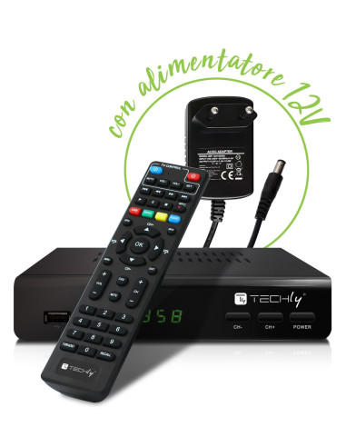 Decoder Ricevitore Digitale Terrestre DVB-T/T2 H.265 HEVC 10bit Metallo con Telecomando Universale 2 in 1 con Alimentatore 12V