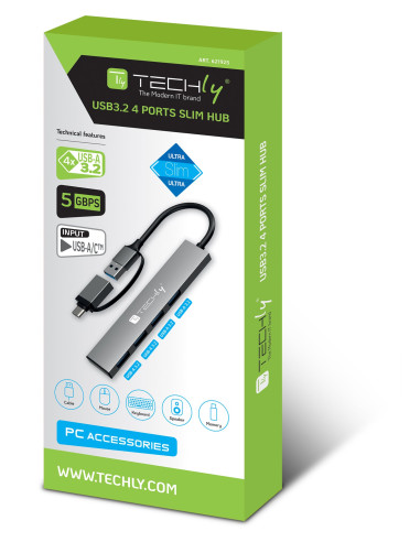 Hub USB-A USB-C&trade 3.2 a 4 porte USB-A Slim in Metallo