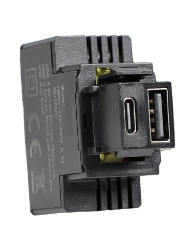 Alimentatore Compatto da Incasso Keystone USB-A e USB-C&trade 20W 5-12V Nero