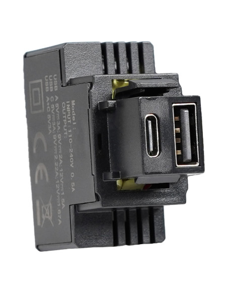 Alimentatore Compatto da Incasso Keystone USB-A e USB-C&trade 20W 5-12V Nero