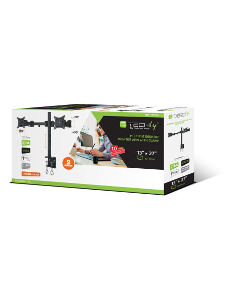 Supporto da Scrivania per 2 Monitor 13-27'' Diametro 48 mm ad Altezza Regolabile con Morsetto a C
