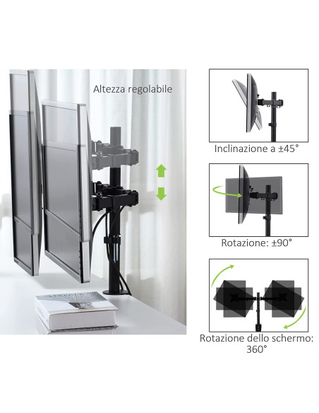Supporto da Scrivania per 2 Monitor 13-27'' Diametro 48 mm ad Altezza Regolabile con Morsetto a C
