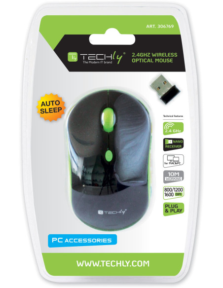 Mouse Ottico Wireless 1600 Dpi Nero/Verde