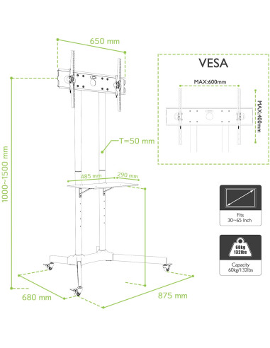 Carrello Supporto Pavimento Porta TV LCD/LED/Plasma 30''-65'' Mensola