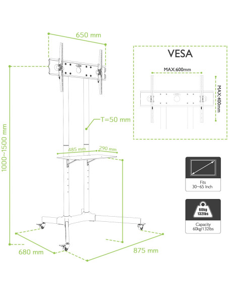 Carrello Supporto Pavimento Porta TV LCD/LED/Plasma 30''-65'' Mensola