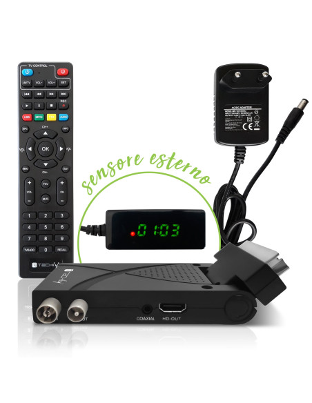 Decoder Ricevitore Digitale Terrestre DVB-T/T2 H.265 HEVC 10bit USB HDMI Scart 180&deg e Telecomando Universale 2 in 1