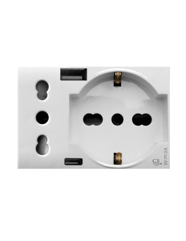Domus S44 Presa Schuko Presa Italiana USB-A e USB-C&trade 2P+T 10/16A 250V 3 Moduli Bianco Lucido