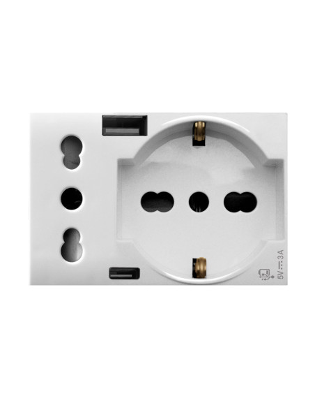 Domus S44 Presa Schuko Presa Italiana USB-A e USB-C&trade 2P+T 10/16A 250V 3 Moduli Bianco Lucido