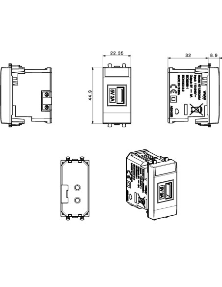 Domus S44 Caricatore USB-A 3A 240V 1 Modulo Bianco Lucido