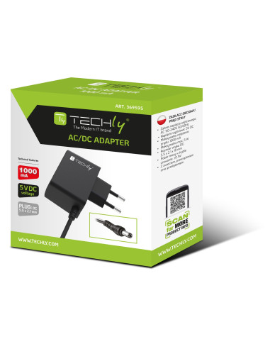 Alimentatore AC/DC 5V 1A Plug 5.5x2.1 mm Slim Nero