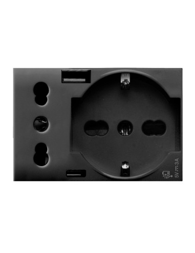 Tekla S44 Presa Schuko Presa Italiana USB-A e USB-C&trade 2P+T 10/16A 250V 3 Moduli Grigio Opaco