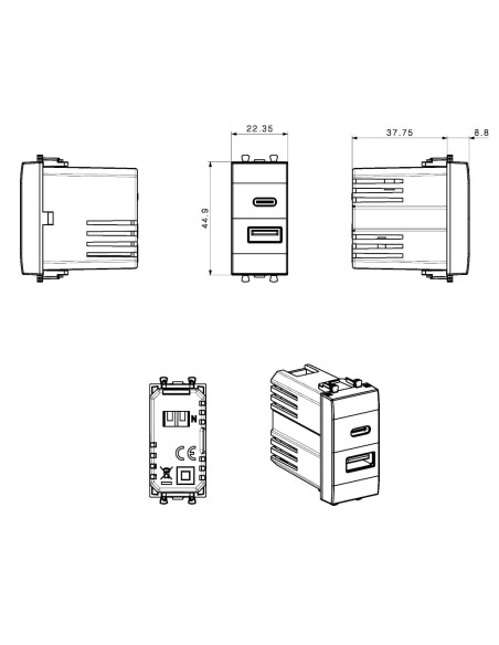 Tekla S44 Caricatore USB-A e USB-C&trade 3A 230V Grigio Opaco