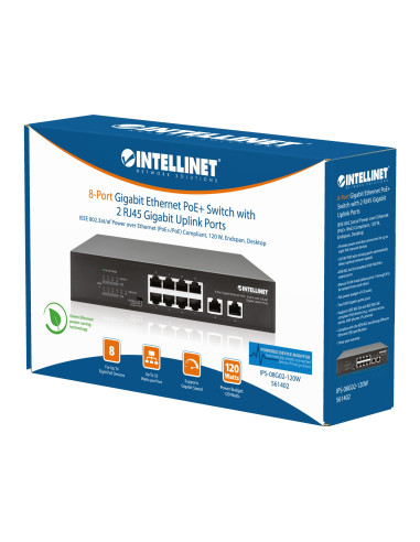 Switch Ethernet Gigabit 8 Porte PoE+ con 2 porte RJ45 Gigabit Uplink