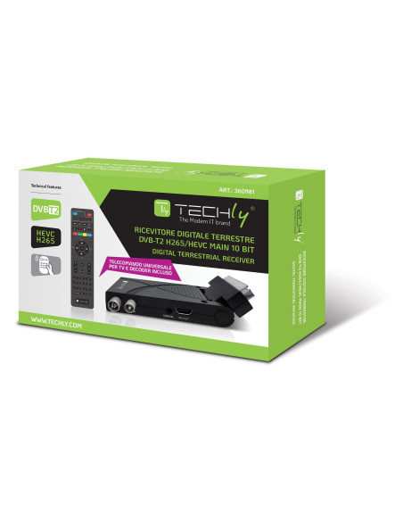 Decoder Ricevitore Digitale Terrestre DVB-T/T2 H.265 HEVC 10bit USB HDMI Scart 180&deg e Telecomando Universale 2 in 1