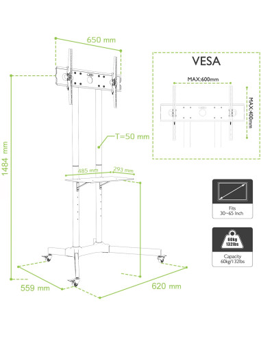 Carrello Supporto Pavimento Porta TV LCD/LED/Plasma 30''-65'' Mensola