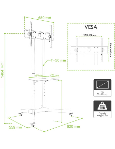 Carrello Supporto Pavimento Porta TV LCD/LED/Plasma 30''-65'' Mensola