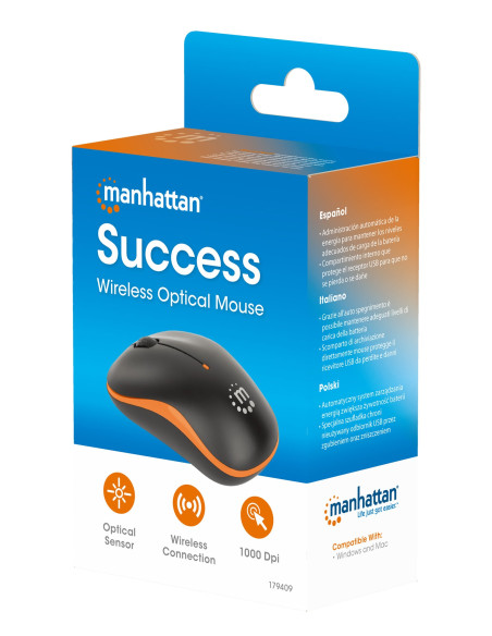 Mouse Ottico Wireless con Micro Ricevitore USB 1000 Dpi Nero/Arancione