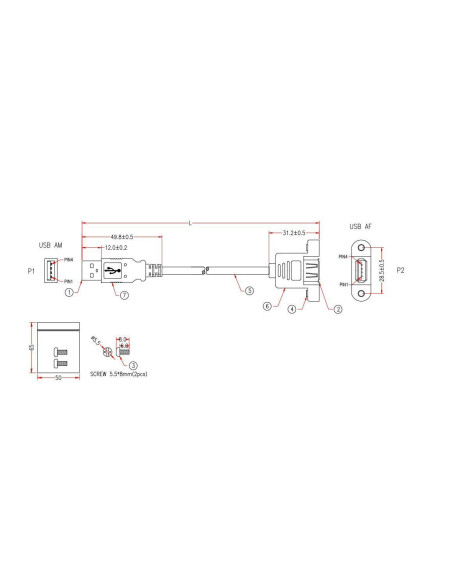 Cavo USB 2.0 A Maschio/A Femmina da Pannello 1 m