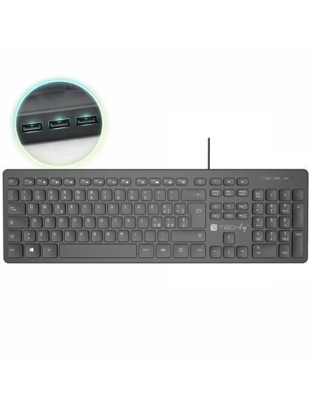 Tastiera USB Standard 109 Tasti Layout Italiano e Hub 3 Porte USB Nero