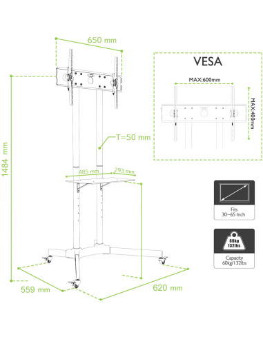 Carrello Supporto Pavimento Porta TV LCD/LED/Plasma 30''-65'' Mensola