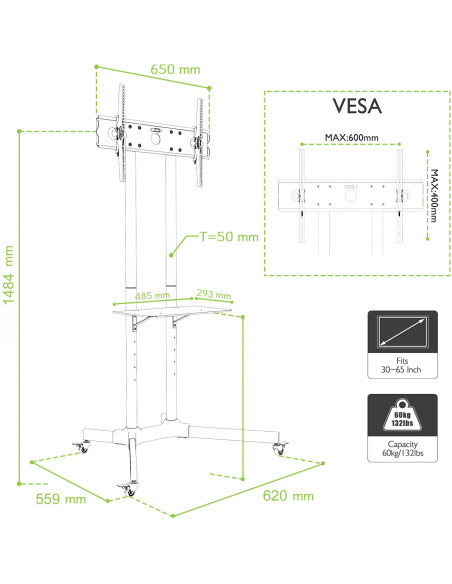 Carrello Supporto Pavimento Porta TV LCD/LED/Plasma 30''-65'' Mensola