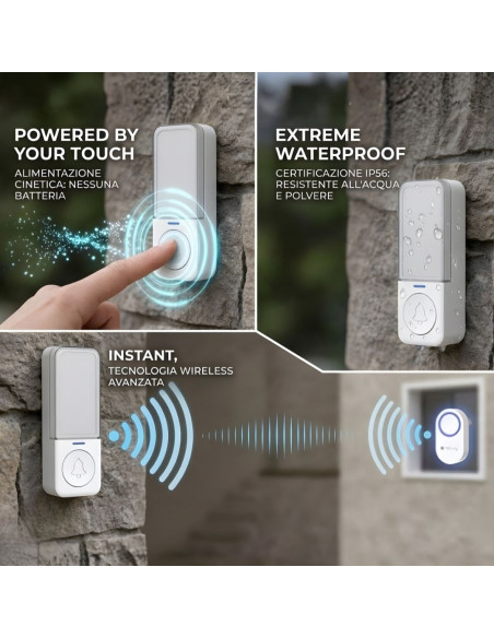 Kit Campanello Wireless fino a 180m con Pulsante IP56 Battery Free
