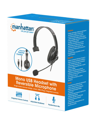 Cuffia Mono USB con Microfono Reversibile Cavo 2m