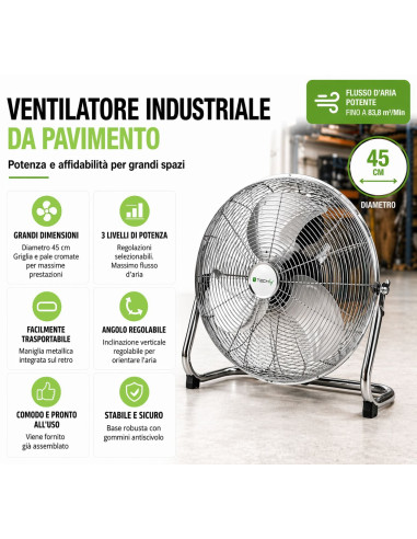 Ventilatore Industriale da Pavimento Diametro 45 cm 3 Livelli di Potenza